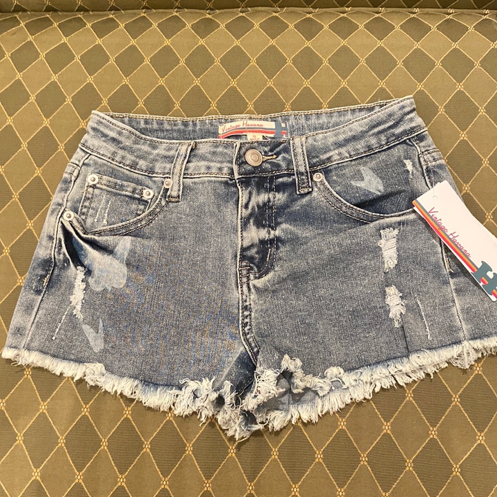 Vintage Havana Girls Distressed Denim Shorts - Light Blue